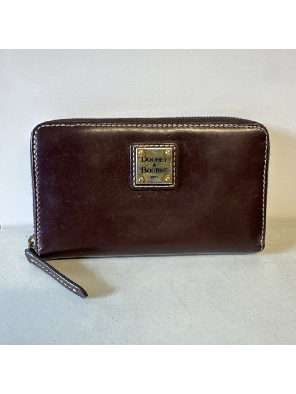 Dooney & Bourke Chestnut Smooth Leather Zip-Around Wallet with Canvas Interior